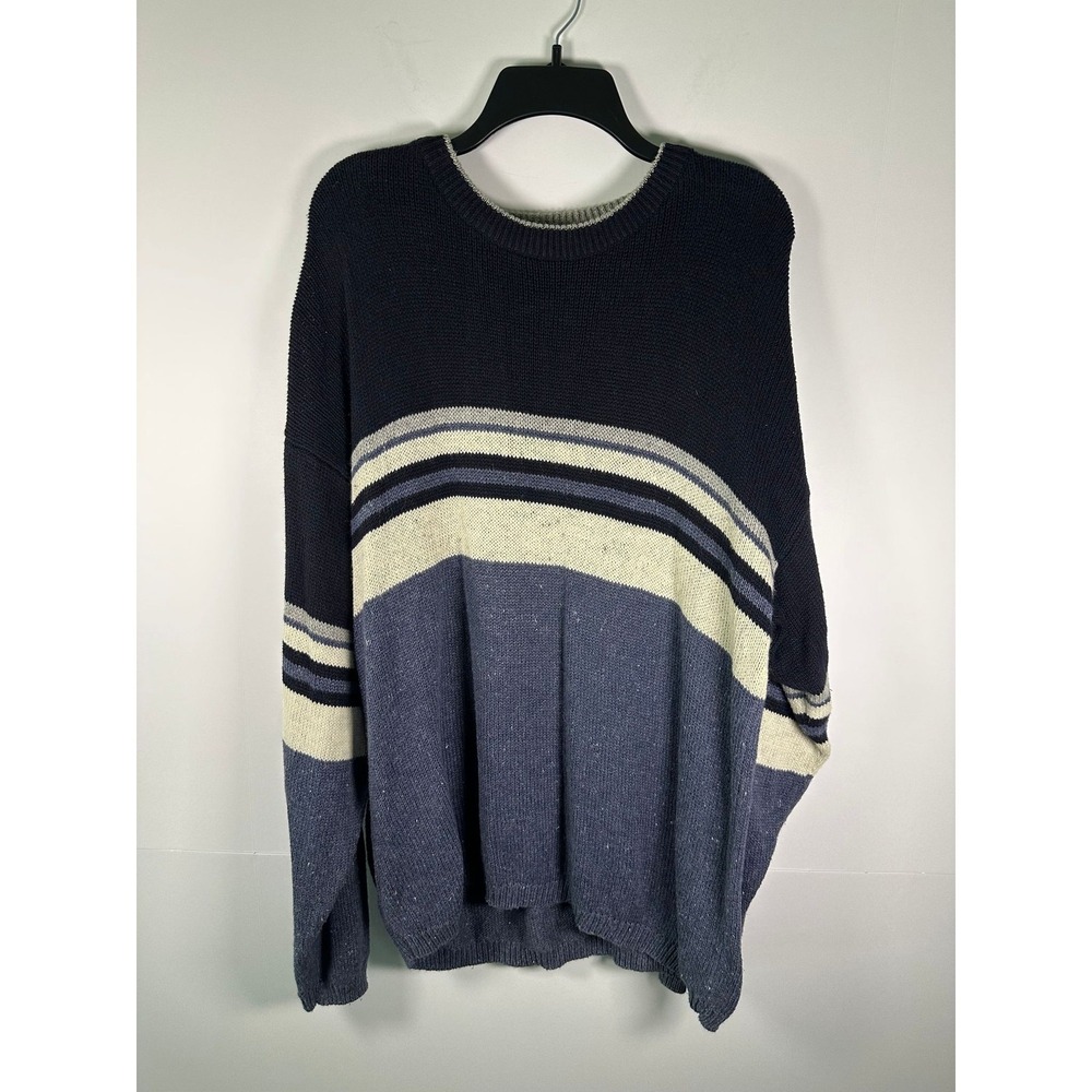 PAZZO Sweater Mens XL Striped Crewneck Navy Blue Ivory Oversized Knit Casual